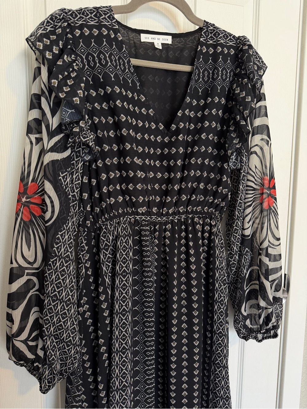 See and Be Seen Boho Mixed Geometric Print Sheer Sleeve Maxi Dress Size M - Picture 3 of 10